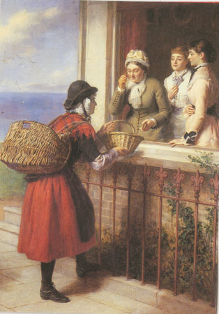 Postcard of lady selling oysters to a group of ladies